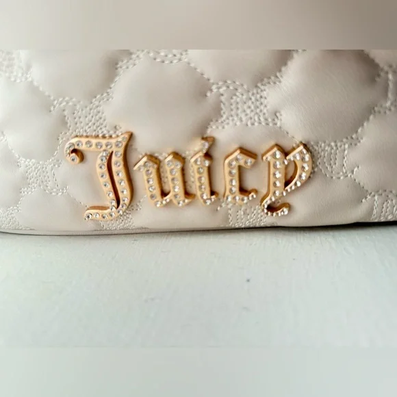 Juicy Couture Quilted Cream Bag + Pouch – Gold Chain, Pom-Pom Charm, NWT - Picture 2 of 8
